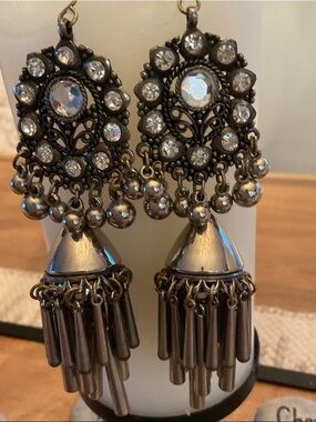 Crystal Accent Gunmetal Tassel Drop Earrings
